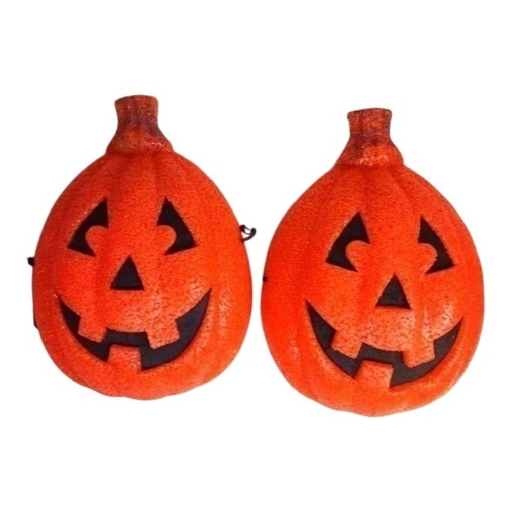 Vintage Halloween Melted Popcorn Plastic Jack O Lantern Hanging Decor Set 2